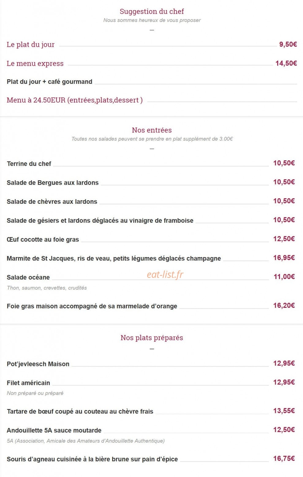 Auberge Saint Hubert — carte page 1