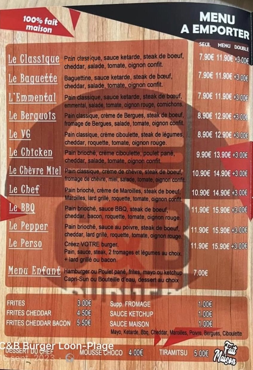 C&B Burger — carte page 1