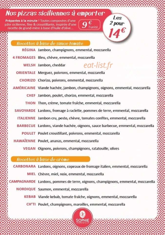 Carte et menu de Boulangerie Sophie Lebreuilly à Armentieres — Pizzas siciliennes