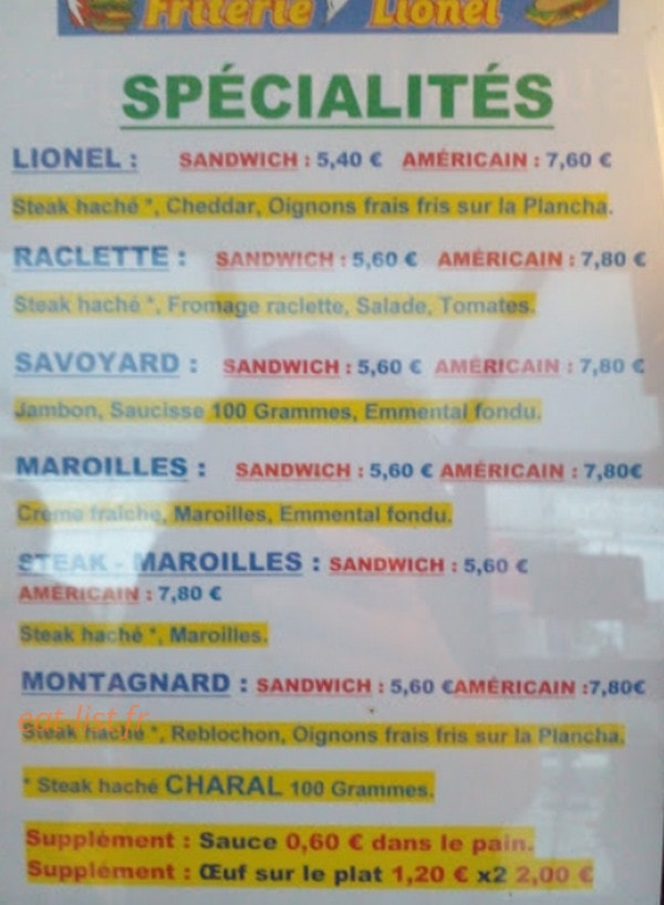 Friterie Lionel — carte page 1