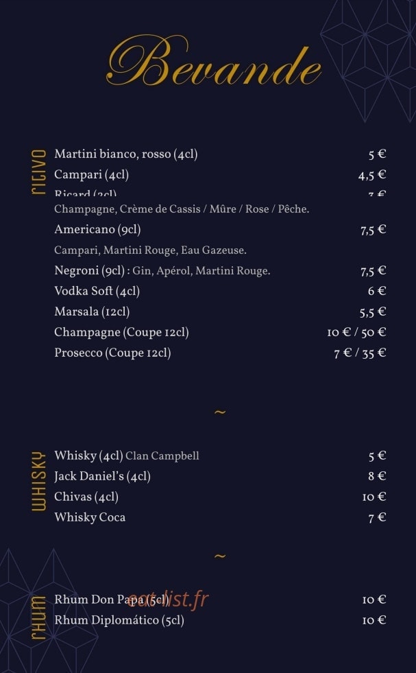 Carte et menu de Il Gusto Trattoria à Aulnoy Lez Valenciennes — Les apéritifs, whiskys et rhums