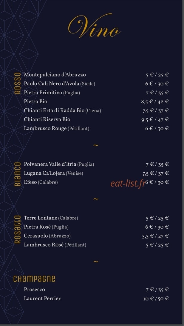 Carte et menu de Il Gusto Trattoria à Aulnoy Lez Valenciennes — Les vins