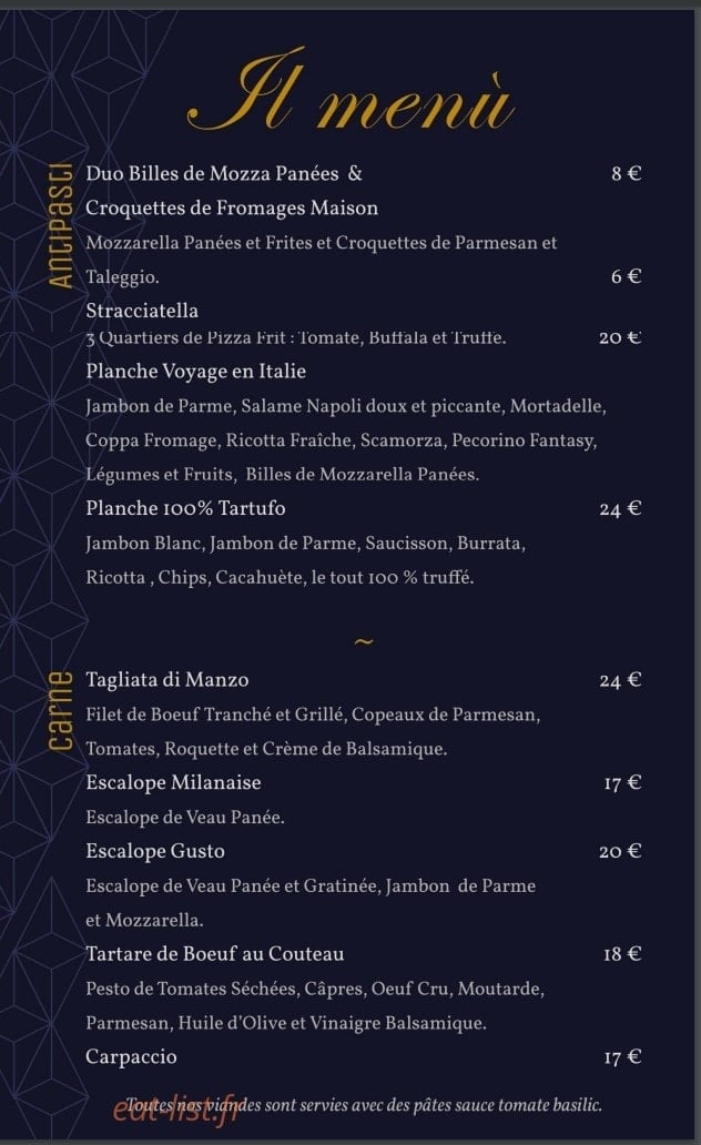 Carte et menu de Il Gusto Trattoria à Aulnoy Lez Valenciennes — Les antipastis et carne