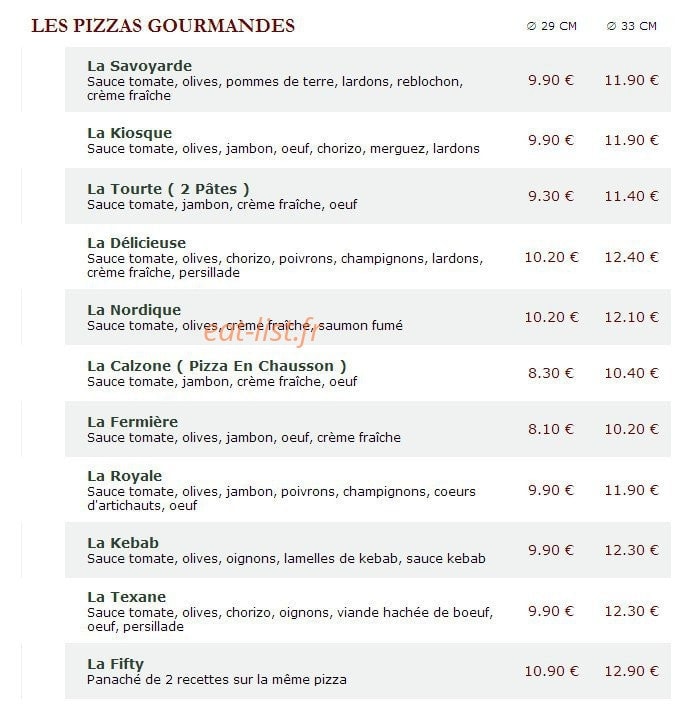 Carte et menu de Le Kiosque à Pizzas à Aulnoy Lez Valenciennes — Les pizzas gourmandes