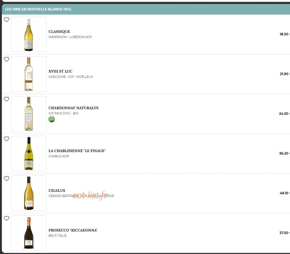 Carte et menu de Place Des Oliviers à Aulnoy Lez Valenciennes — Les vins blancs