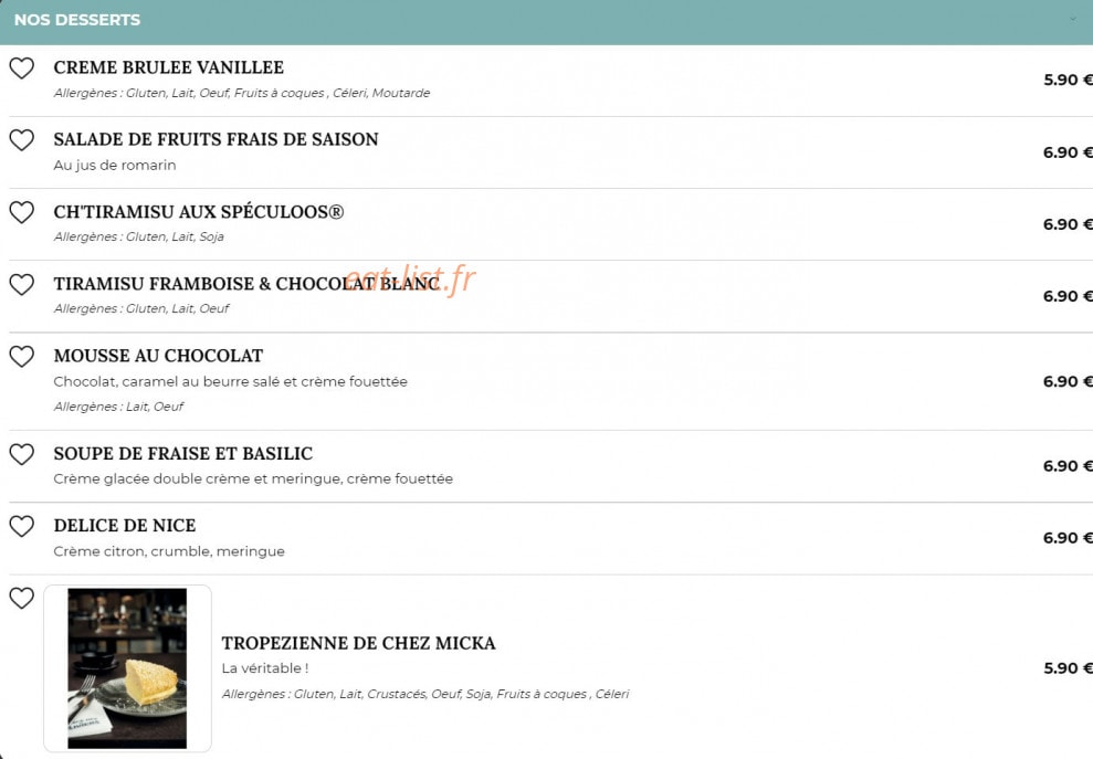 Carte et menu de Place Des Oliviers à Aulnoy Lez Valenciennes — Les desserts