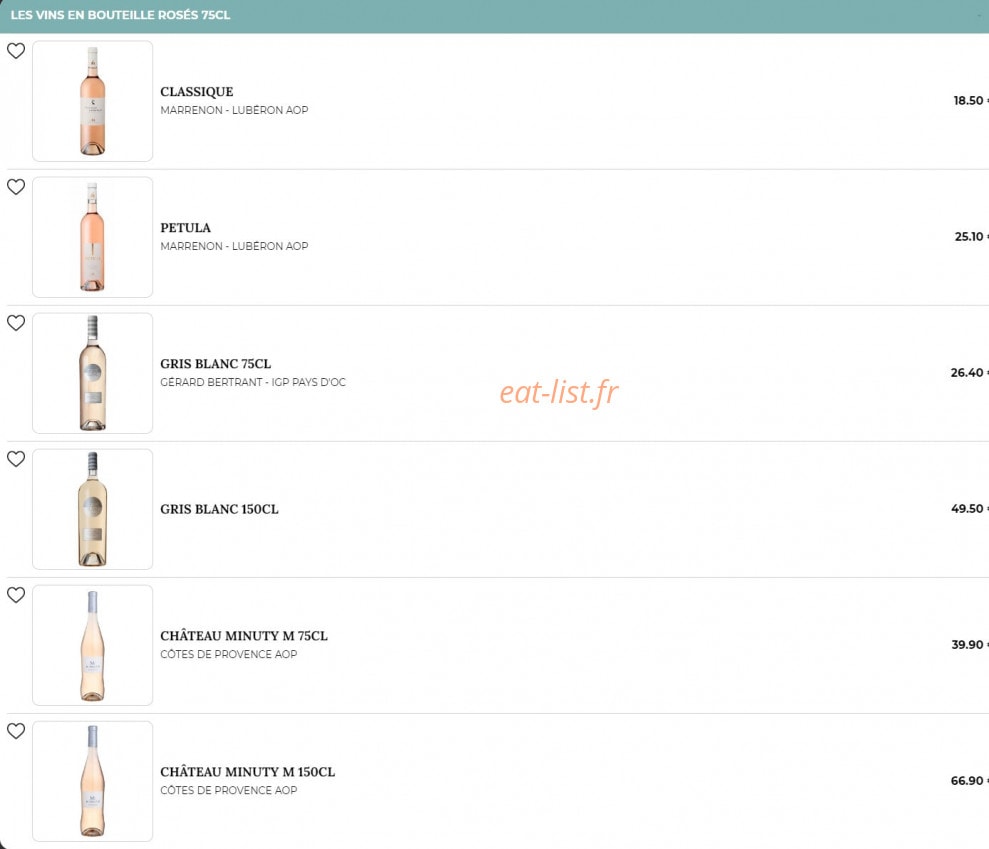 Carte et menu de Place Des Oliviers à Aulnoy Lez Valenciennes — Les vins rosés