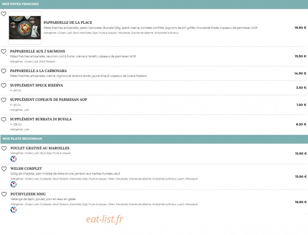 Carte et menu de Place Des Oliviers à Aulnoy Lez Valenciennes — Les plats