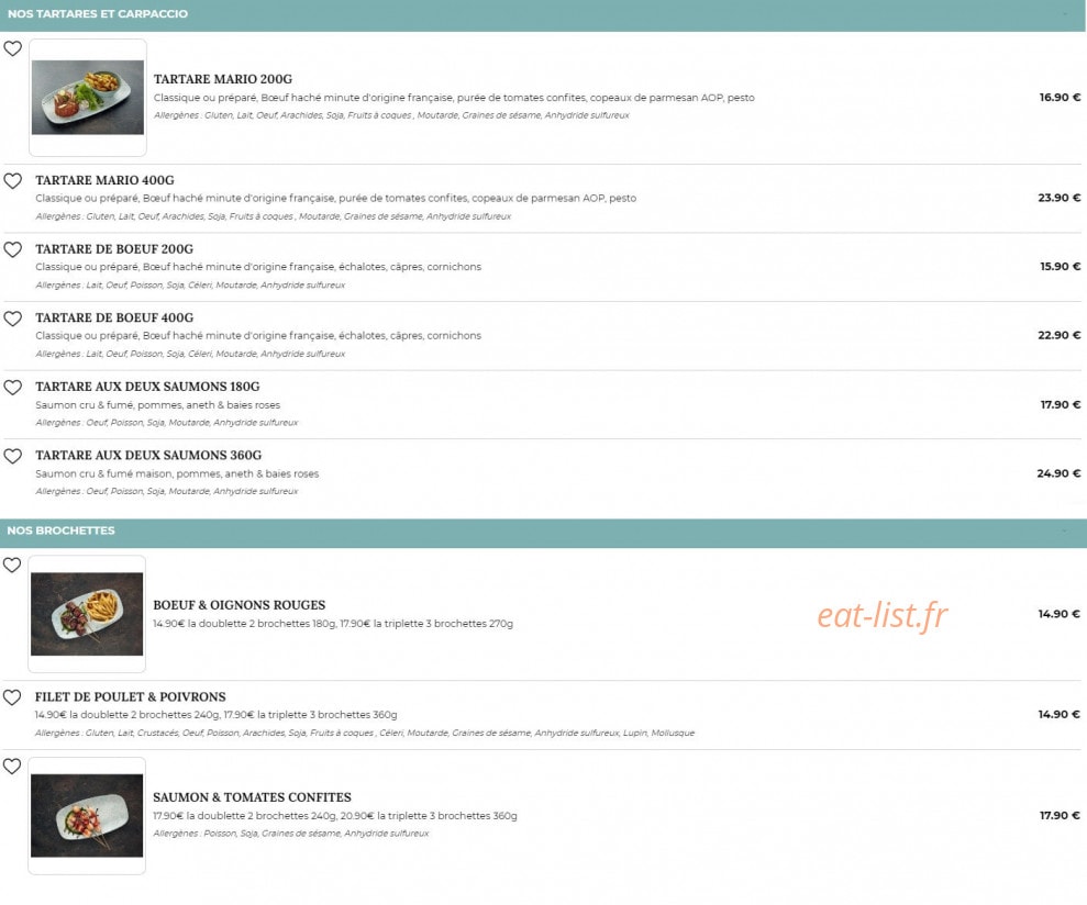 Carte et menu de Place Des Oliviers à Aulnoy Lez Valenciennes — Les tartares, brochettes et carpaccio