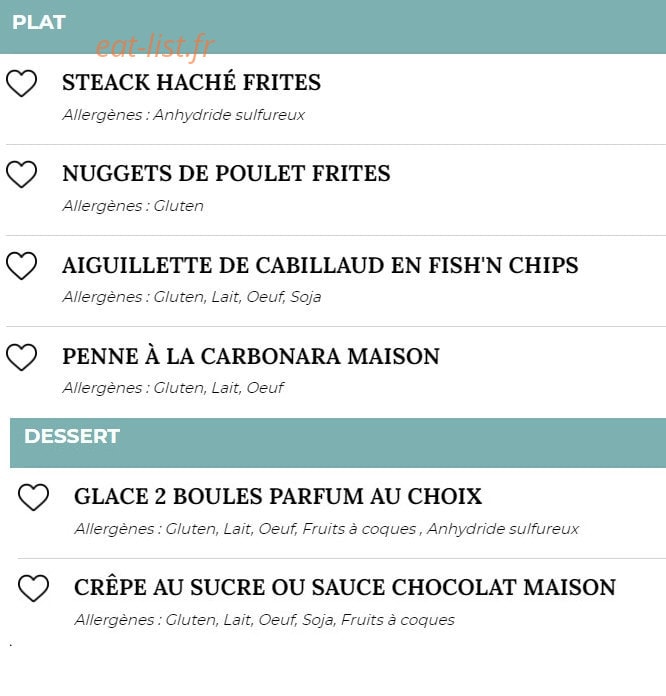 Carte et menu de Place Des Oliviers à Aulnoy Lez Valenciennes — Menu enfant