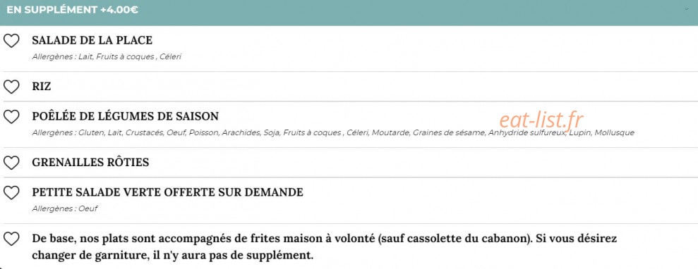 Carte et menu de Place Des Oliviers à Aulnoy Lez Valenciennes — Les garnitures
