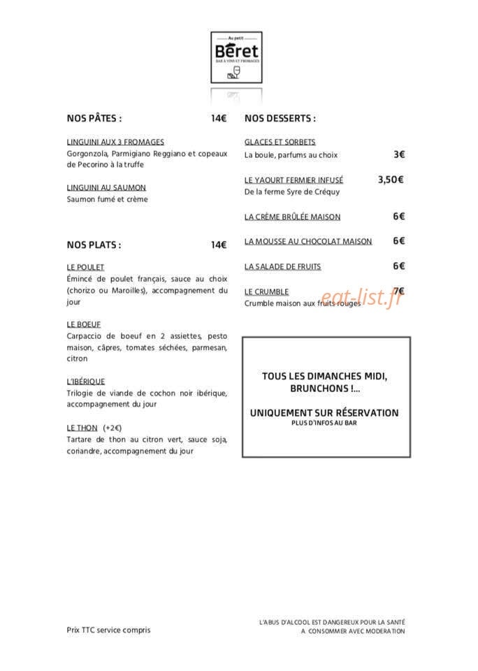 Au Petit Béret — carte page 2