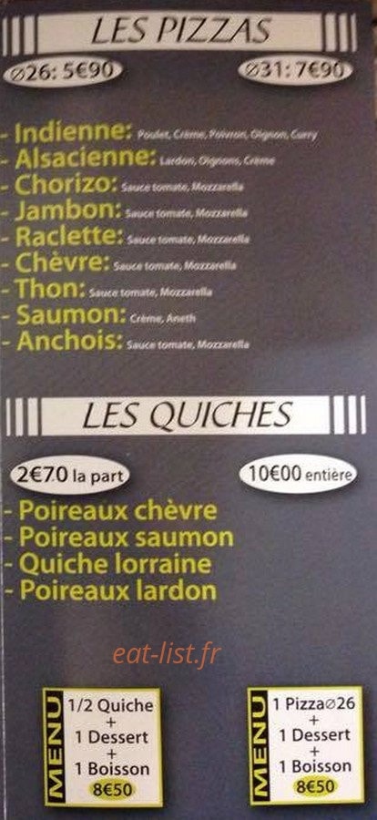 Carte et menu de La Boulangerie des Tertiales à Valenciennes — Les pizzas, les quiches et les formules menus