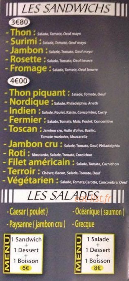 Carte et menu de La Boulangerie des Tertiales à Valenciennes — Les sandwichs, les salades et les formules menus