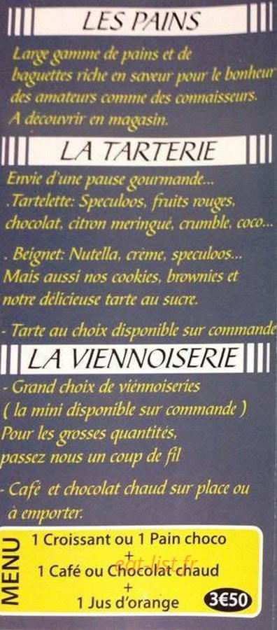 Carte et menu de La Boulangerie des Tertiales à Valenciennes — Les pains, les tarteries,.....