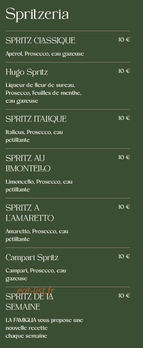 Carte et menu de La Famiglia à Valenciennes — Le spritz