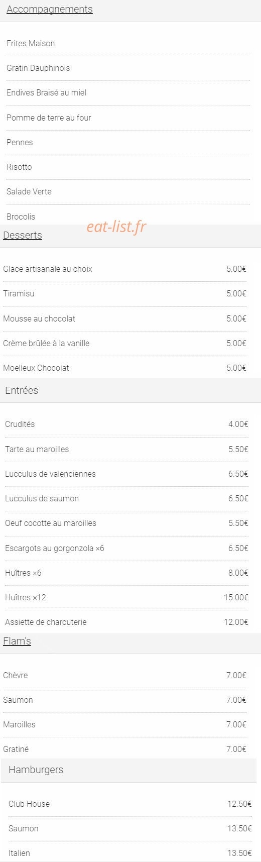 Carte et menu de Le Club-House à Valenciennes — Les accompagnements, desserts, entrées,...