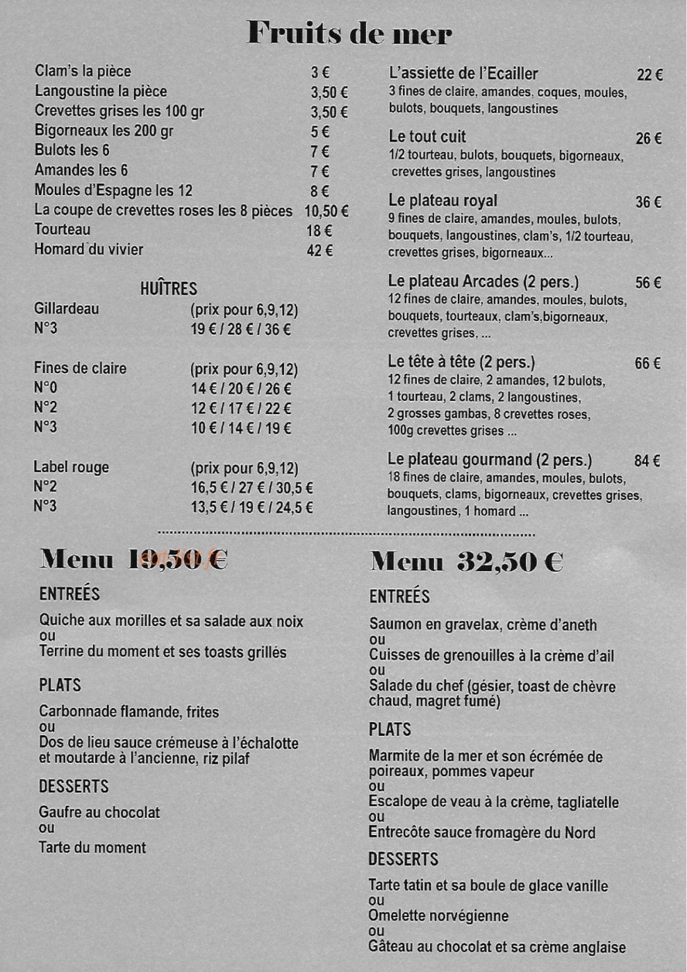 Carte et menu de Les Arcades à Valenciennes — Fruits de mer et menus