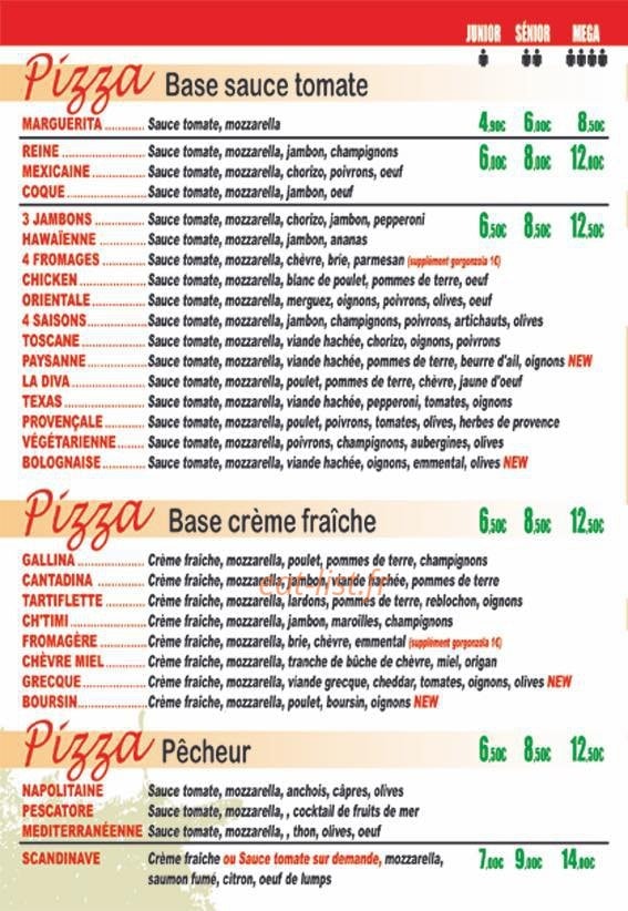 Reine Pizza — carte page 1