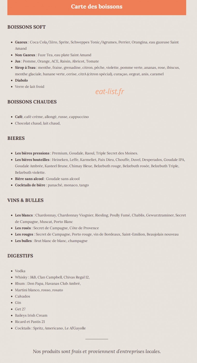Carte et menu de Al'Gayolle à Hallennes Lez Haubourdin — Carte des boissons