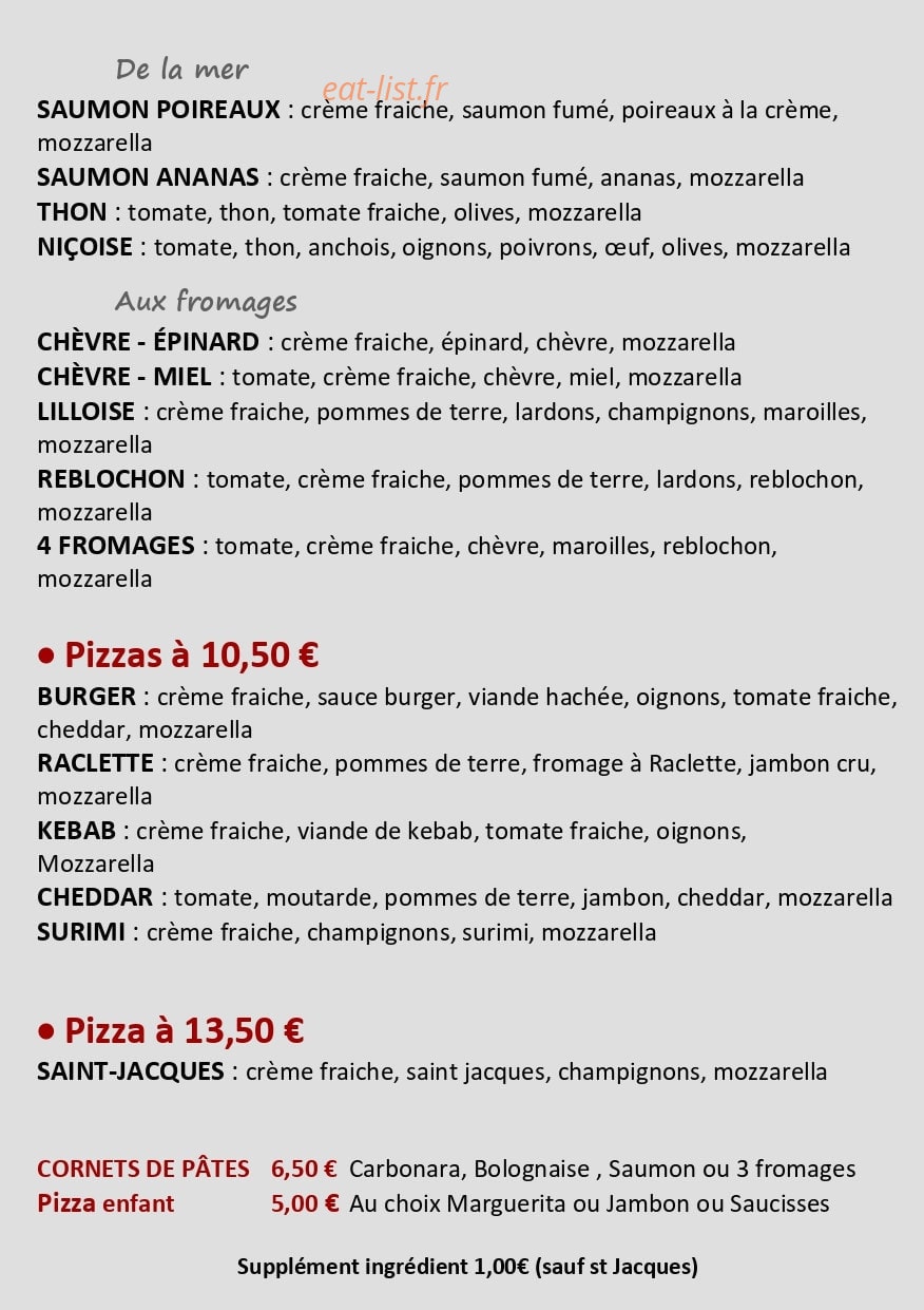 Carte et menu de Pizza Coraléna à Hallennes Lez Haubourdin — Les pizzas (suite)