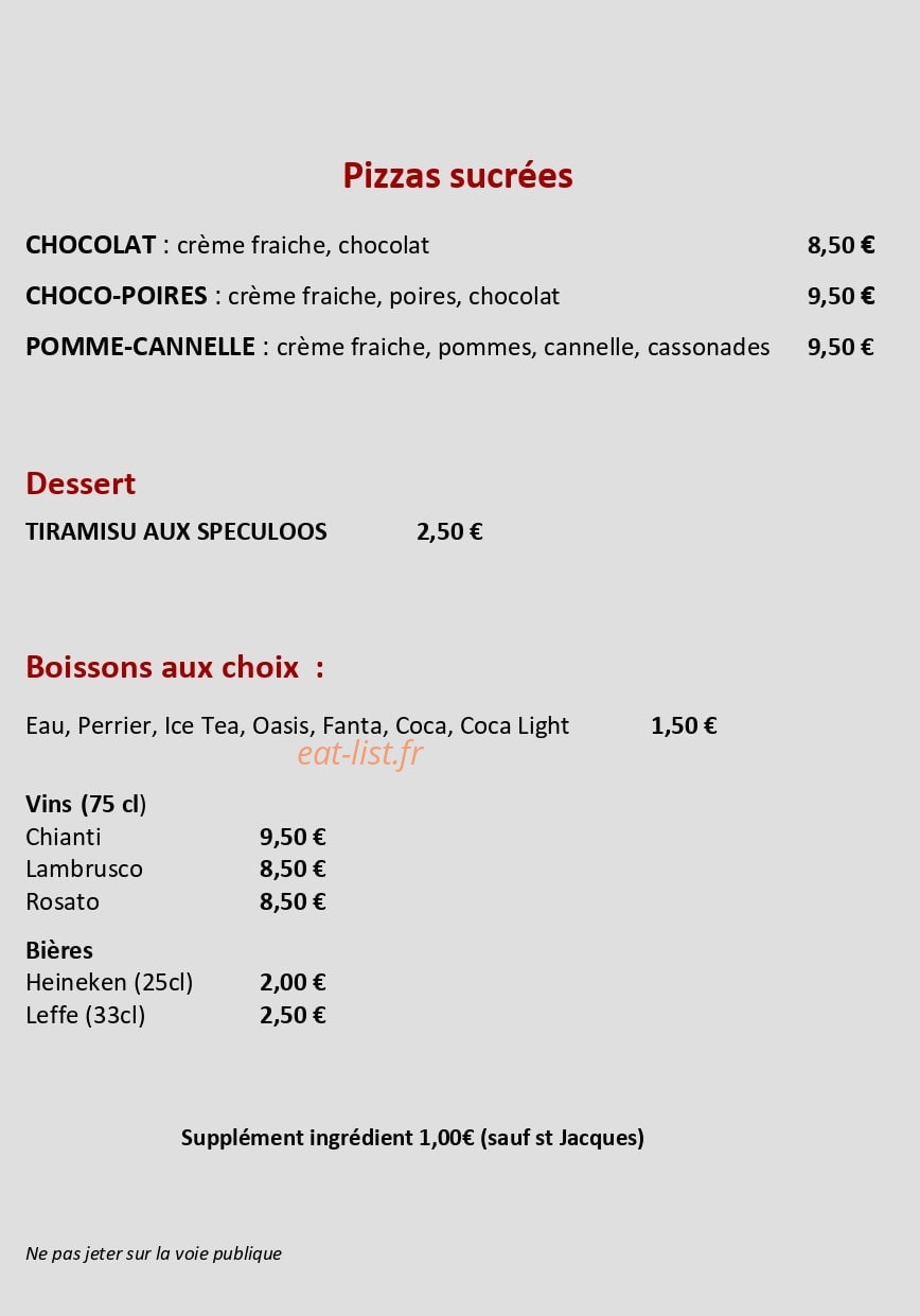 Carte et menu de Pizza Coraléna à Hallennes Lez Haubourdin — Les desserts, boissons, ...