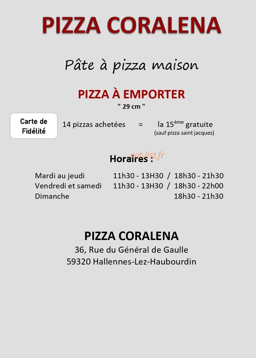Carte et menu Pizza Coraléna Hallennes Lez Haubourdin