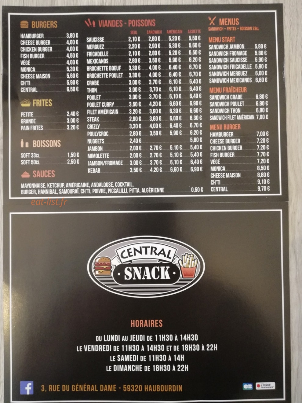 Au Central Snack — carte page 1