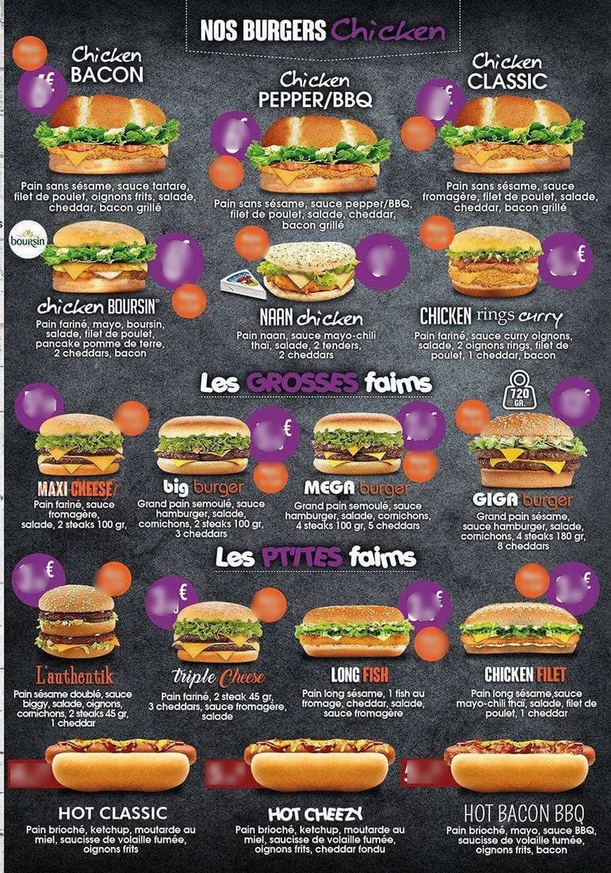 Carte et menu de Bucket's Burger à Hautmont — Les burgers chicken, burgers grosses faims et petites faims