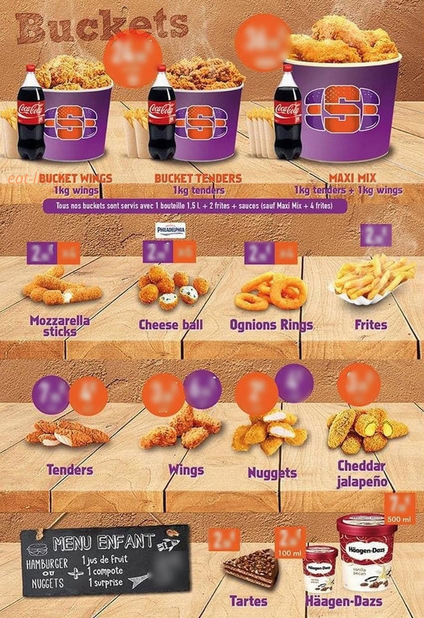 Carte et menu de Bucket's Burger à Hautmont — Les buckets et menu enfant