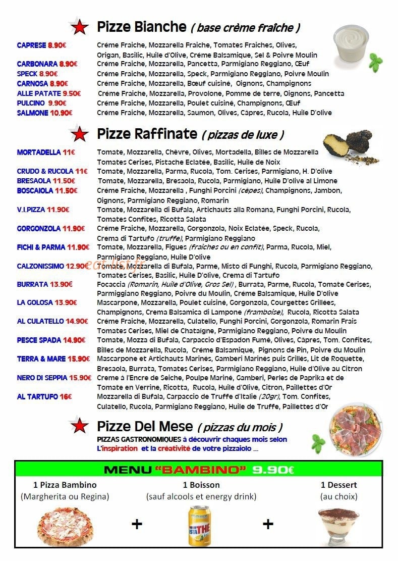 Carte et menu de Viva Italian Pizza à Saint Andre Lez Lille — Les pizzas crème fraiche, pizza de luxe et pizza du mois