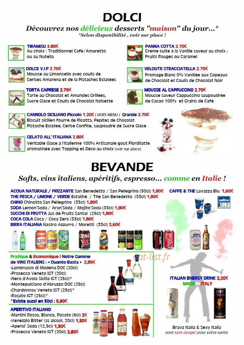 Carte et menu de Viva Italian Pizza à Saint Andre Lez Lille — desserts et boissons