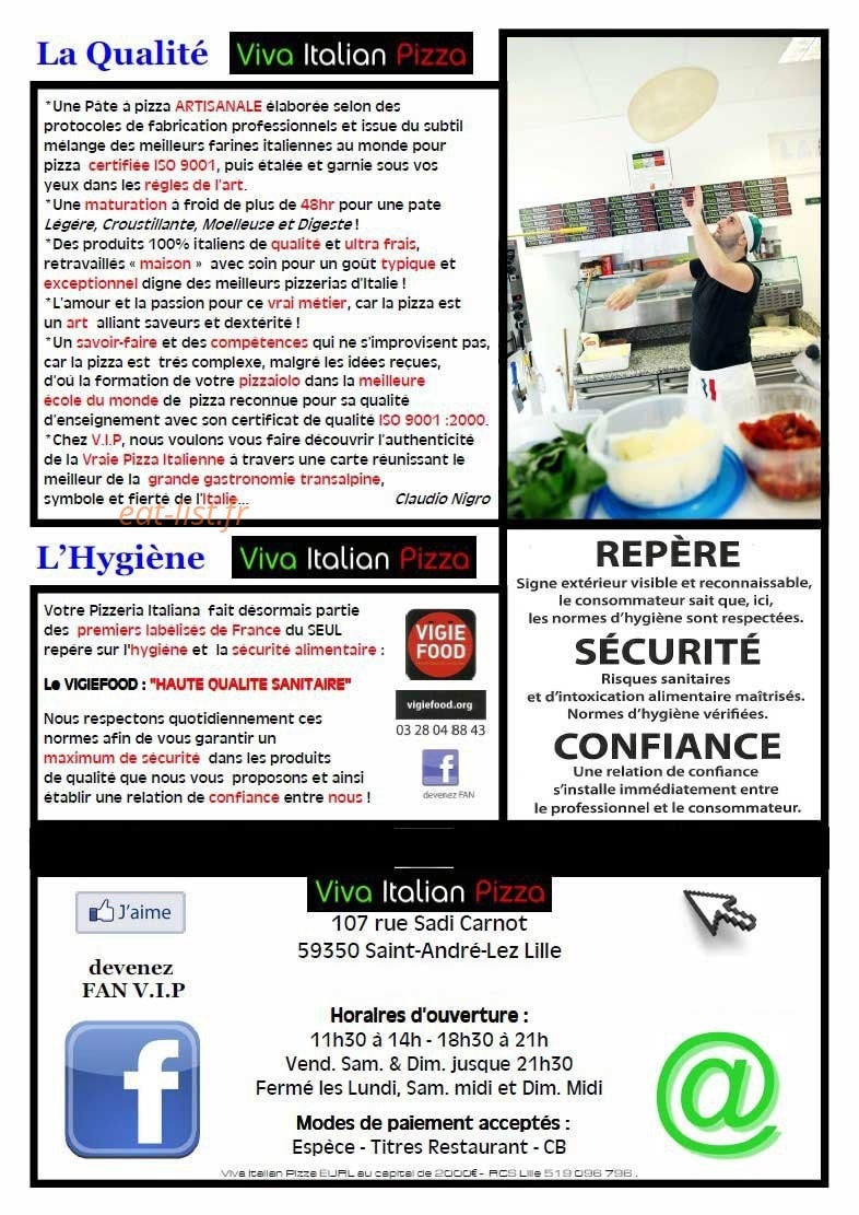 Carte et menu de Viva Italian Pizza à Saint Andre Lez Lille — Informations supplémentaires