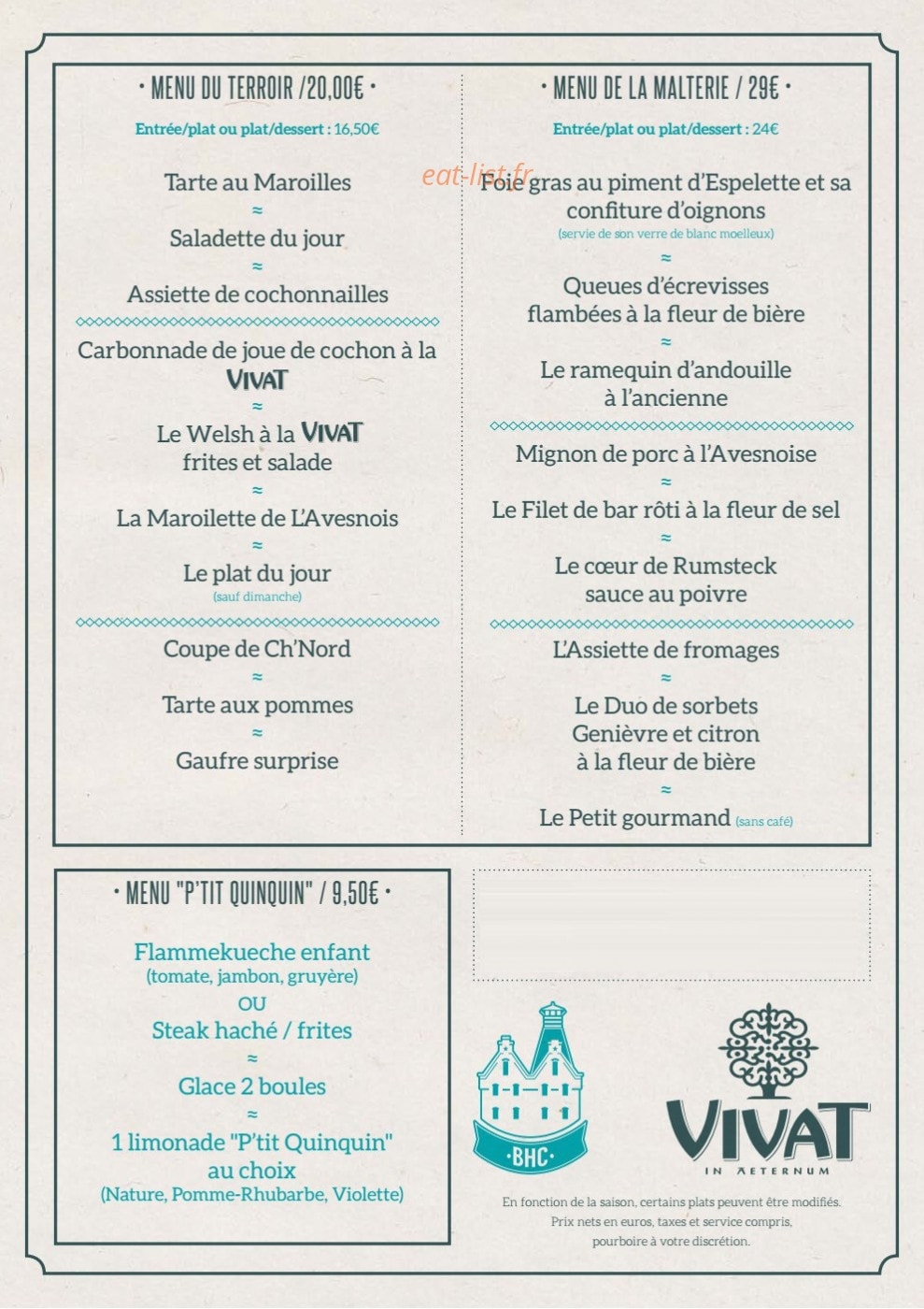 Carte et menu de Brasserie Historique de l'Abbaye du Cateau à Le Cateau Cambresis — Les menus
