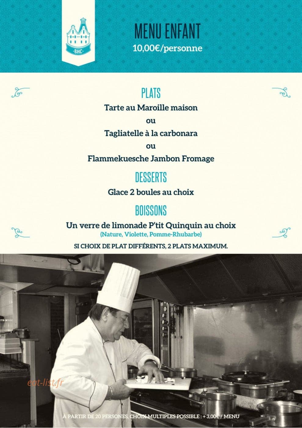 Carte et menu de Brasserie Historique de l'Abbaye du Cateau à Le Cateau Cambresis — Le menu de groupes enfant 10€ par personne