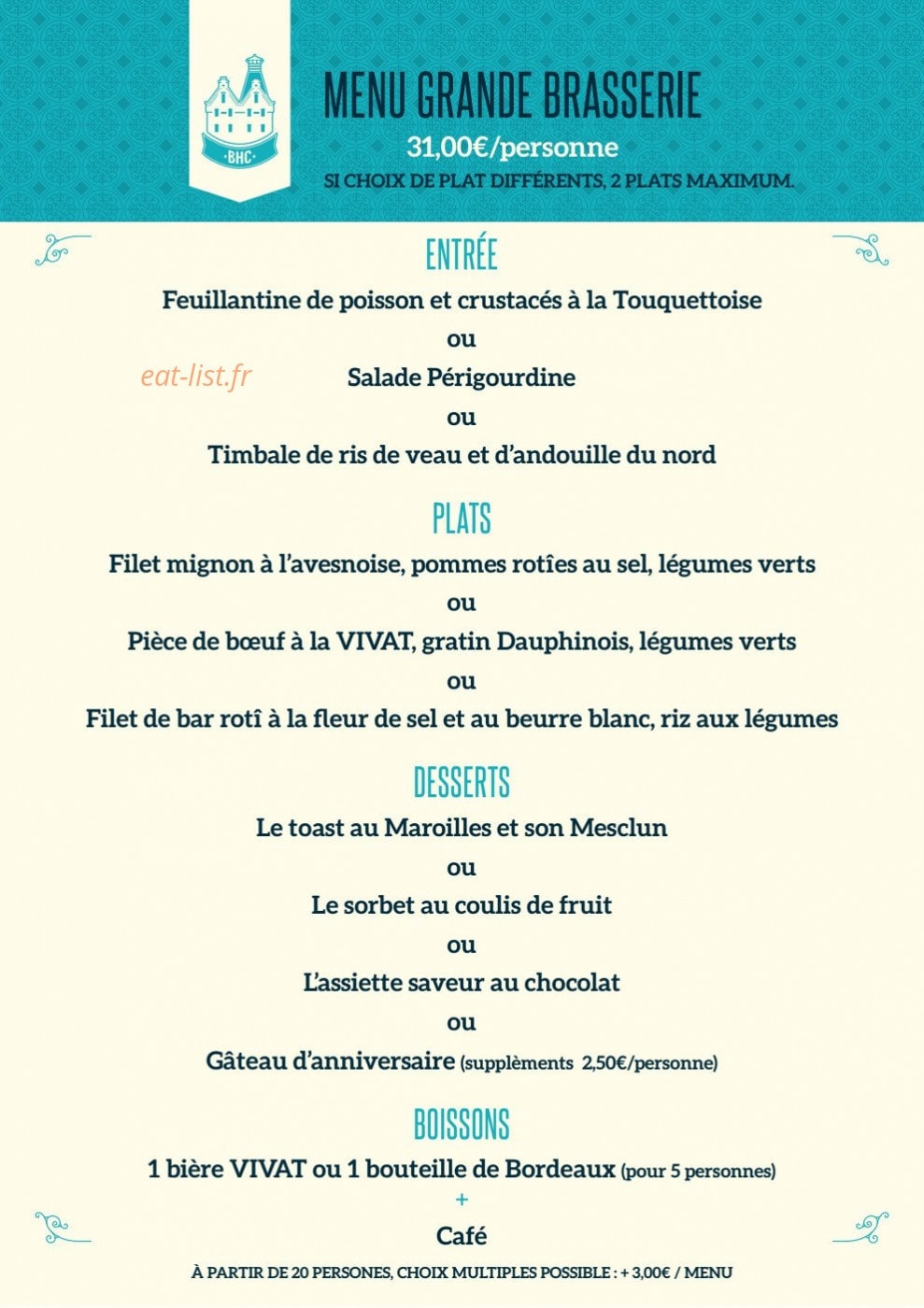 Carte et menu de Brasserie Historique de l'Abbaye du Cateau à Le Cateau Cambresis — Le menu de groupes à 31€ par personne