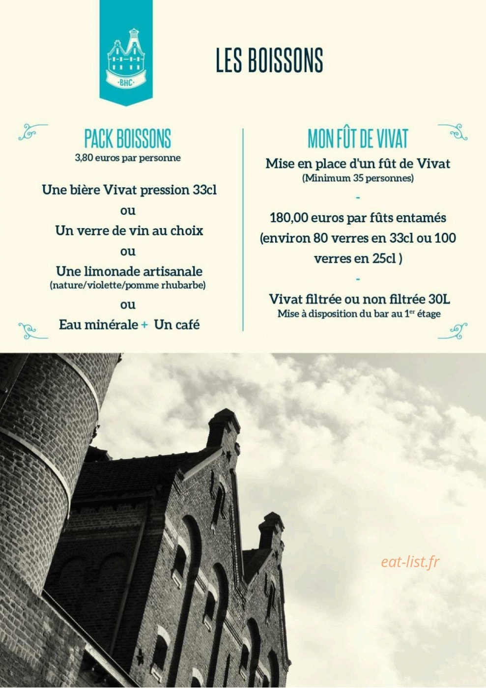 Carte et menu de Brasserie Historique de l'Abbaye du Cateau à Le Cateau Cambresis — Les boissons de groupes