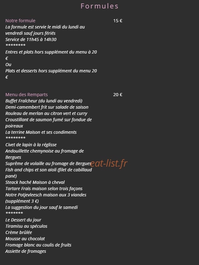 Carte et menu de Aux Vieux Remparts à Bergues — Formule