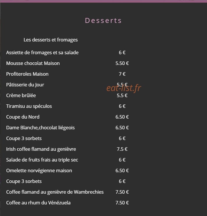 Carte et menu de Aux Vieux Remparts à Bergues — Les desserta
