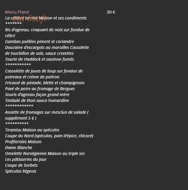 Carte et menu de Aux Vieux Remparts à Bergues — Formule suite