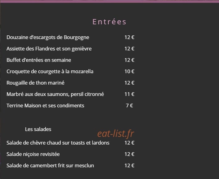 Carte et menu de Aux Vieux Remparts à Bergues — Les Entrees