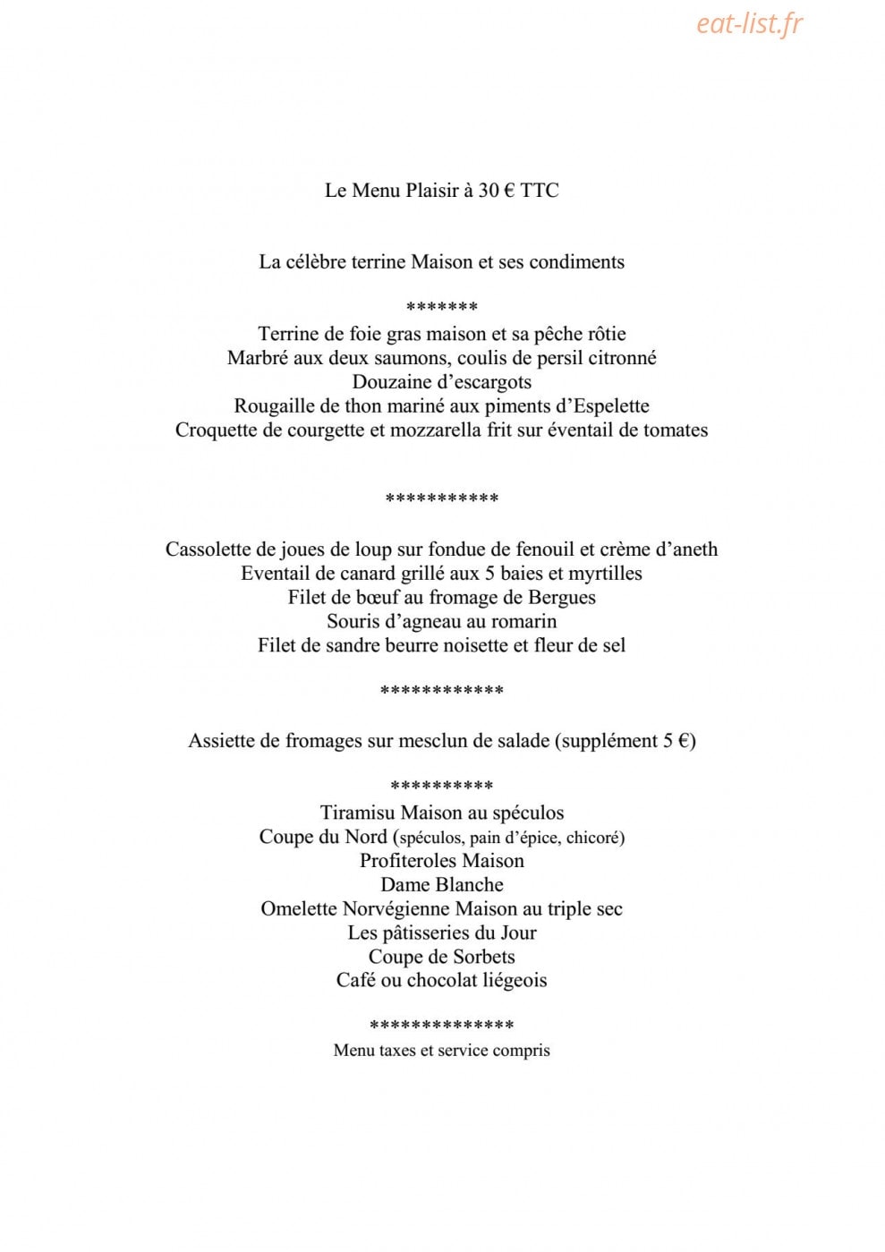 Carte et menu de Aux Vieux Remparts à Bergues — Le menu à 30€