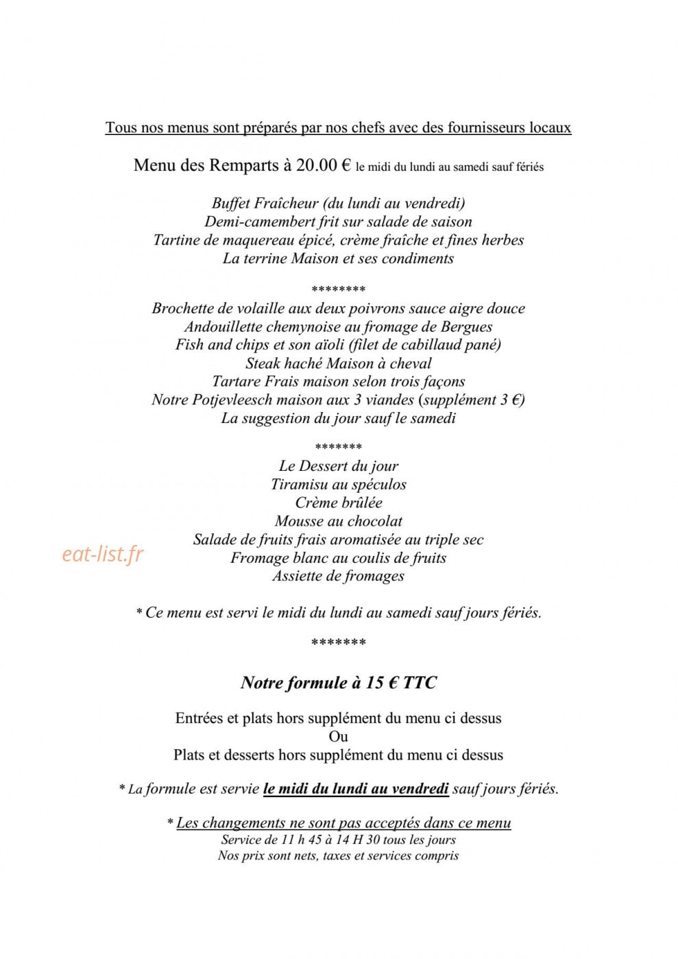 Carte et menu de Aux Vieux Remparts à Bergues — Le menu à 20€ et formule à 15€