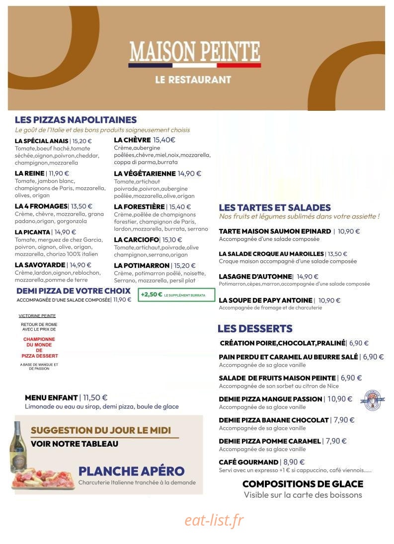 Carte et menu de Maison Peinte Primeur à Bergues — Les pizzas napolitaines, tartes et salades,...