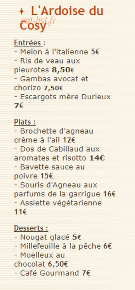 Restaurant Le Cosy — carte page 1