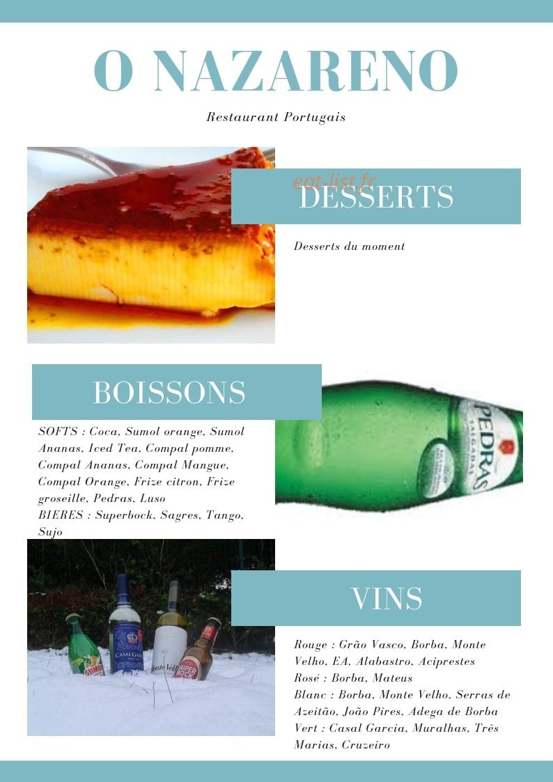 Carte et menu de O Nazareno à Fontaine Notre Dame — Les desserts, boissons et vins