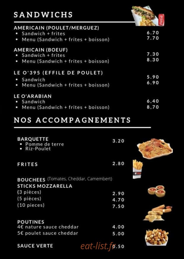 Carte et menu de 0'395 L'art De La Braise à Sin le Noble — Les sandwichs et accompagnements