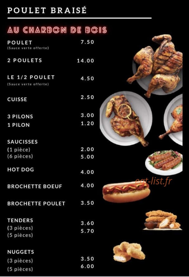 Carte et menu de 0'395 L'art De La Braise à Sin le Noble — Les poulet braisé