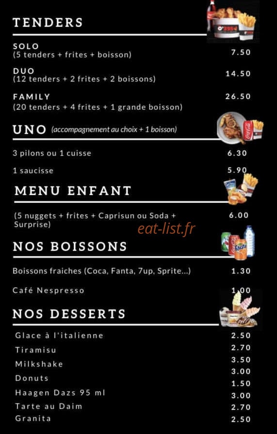 Carte et menu de 0'395 L'art De La Braise à Sin le Noble — Les tenders, boissons et desserts
