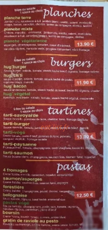 Carte et menu de Hugo à Somain — Planches, burgers...